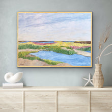 Load image into Gallery viewer, Colorful Low Country coastal marsh art print by Jeanne Player featuring abstract layers of blue, green, blush pink, yellow, tan, and white, ideal for beach house and Southern coastal home décor.
