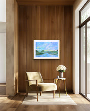 Load image into Gallery viewer, Blue green marsh landscape artwork with a winding waterway beneath a pastel sky
