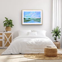 Load image into Gallery viewer, Blue and green Marsh Sky landscape art print with winding marsh water and distant horizon
