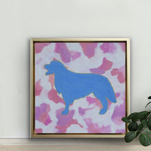 Load image into Gallery viewer, Modern colorful dog painting on canvas with playful blue, pink, purple, and gold abstract acrylic details.
