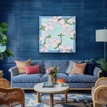 Load image into Gallery viewer, Elegant abstract flower painting with oversized pink petals and rich blue-green background for sophisticated interiors.
