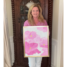 Load image into Gallery viewer, Modern pink floral wall art featuring oversized poppy blooms with gold detailing and soft feminine colors.
