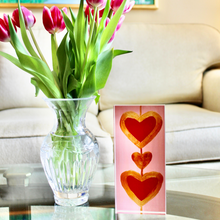 Load image into Gallery viewer, Modern pink and gold heart art block featuring original artwork by Jeanne Player, designed as a stylish tabletop shelf sitter, romantic gift, and contemporary home accent.
