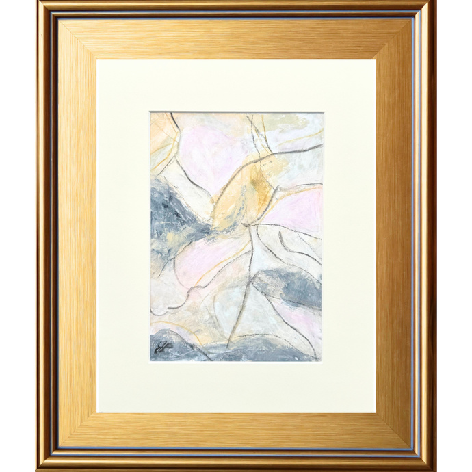 a moody abstract mixed media artwork on paper. This piece has shades of black, white, pink, gray, gold. It can be used either verically or horizontally.