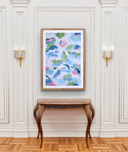 Load image into Gallery viewer, New Beginnings abstract coastal giclée print featuring soft blue, white, green, and blush pink painterly brushstrokes.
