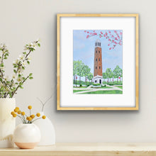 Load image into Gallery viewer, Modern impressionist Denny Chimes wall art print showcasing the University of Alabama landmark in Tuscaloosa.
