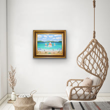 Load image into Gallery viewer, Original beach scene painting with sailboats floating on aqua water, playful beachgoers, and textured acrylic details created with palette knives.
