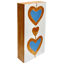 Load image into Gallery viewer, Modern blue and gold heart painting on wood panel designed for colorful sophisticated interiors.
