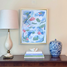 Load image into Gallery viewer, Modern coastal abstract artwork featuring shades of blue, aqua, green, white, gray, and rosy red.
