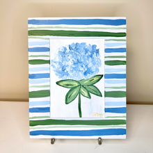 Load image into Gallery viewer, Blue hydrangea botanical wall art by Jeanne Player with whimsical floral brushwork and coordinating painted mat border.
Whimsical hydrangea painting with blue and green striped mat designed for cottagecore and grandmillennial interiors.
