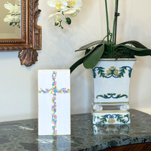 Load image into Gallery viewer, Original floral Christian cross painting with textured acrylic flowers and contemporary design for modern Christian homes. This cross has texture you can feel. Perfect for people who have a visual disability.
