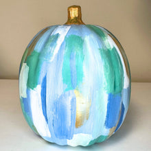 Load image into Gallery viewer, Colorful hand-painted pumpkin by Jeanne Player in blue green gold and white
