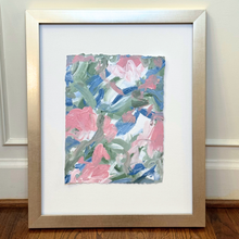 Load image into Gallery viewer, 10 x 13 inch original abstract artwork on cold press watercolor paper with expressive pink, blue, green and white brushwork.
