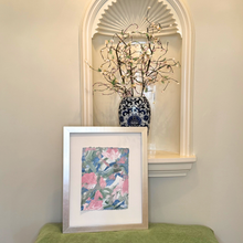 Load image into Gallery viewer, Original colorful abstract painting styled in a refined interior with pink and blue tones and hand-torn deckled edges.
