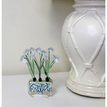 Load image into Gallery viewer, Freestanding Paperwhites acrylic art block featuring blooming white flowers in a decorative cachepot with blue, green, gold, and brown accents.
