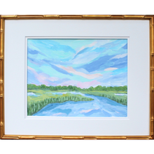 Load image into Gallery viewer, Original pastel marsh landscape painting featuring soft coastal blues, greens, blush, and lavender tones.
