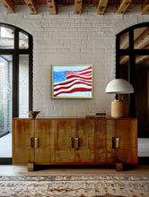Load image into Gallery viewer, Framed patriotic wall art showcasing a contemporary interpretation of the American flag with layered acrylic texture and bold Americana colors.
