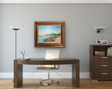 Load image into Gallery viewer, Peaceful island seascape painting with docked rowboats, green hills, and calming ocean water inspired by tropical island travel.
