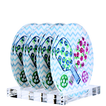 Load image into Gallery viewer, Set of four colorful pickleball acrylic coasters featuring floral paddle artwork, perfect for entertaining and everyday use
