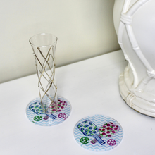 Load image into Gallery viewer, Pickleball acrylic coasters featuring pink and blue floral paddle artwork, a fun gift for women, teammates, and pickleball enthusiasts
