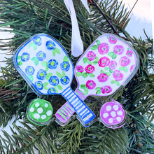 Load image into Gallery viewer, Close-up detail of a pickleball ornament showing the colorful design and decorative finish

