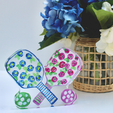 Load image into Gallery viewer, Colorful pickleball acrylic shelf sitter featuring a whimsical paddle illustration perfect for home or office décor.
Contemporary pickleball gift acrylic block with floral paddle artwork in pink, green, blue, and white tones.
