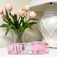 Load image into Gallery viewer, Pink Roll Tide acrylic block featuring abstract Alabama artwork in pink, red, white and gold
