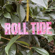 Load image into Gallery viewer, Feminine Roll Tide Christmas ornament in pink, blush, rose, red, white and gold
