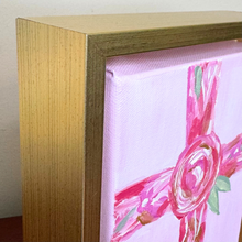 Load image into Gallery viewer, Colorful Christian artwork for girls. Pink, white, magenta, green and gold floral cross shelf sitter.
