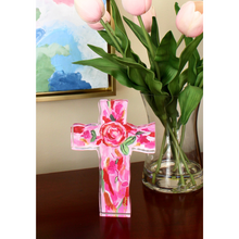 Load image into Gallery viewer, Freestanding Christian cross acrylic block with colorful abstract floral artwork for religious home decor.
Colorful floral cross acrylic block displayed as Christian home decor on a shelf or tabletop.
