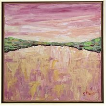 Load image into Gallery viewer, This is a square abstract expressionism painting. It is in a gold float frame. This pink landscape painting has a pink, orange and white sunset on the top that reflects the same colors at the bottom. It is divided by a green, brown, red, pink and gray landscape.
