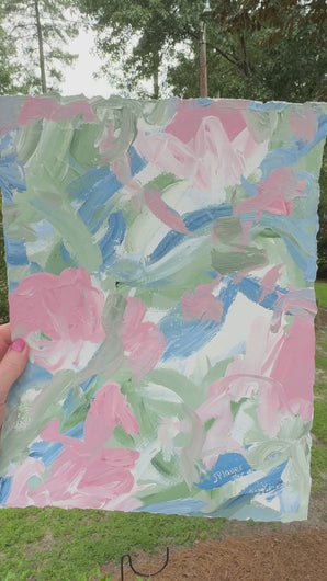 Pink and blue original abstract artwork with expressive painterly marks and layered color on cold press watercolor paper.
