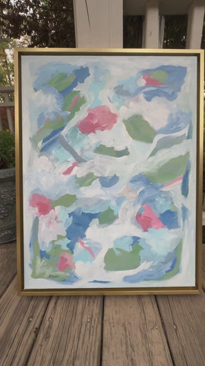 Original 18 x 24 inch abstract painting on canvas framed ina gold float frame. 