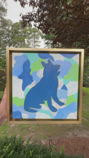German shepherd art. An original painting on canvas.  The pop art style painting features a blue dog outlined in gold on a blue and green camo background.