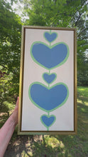 Load and play video in Gallery viewer, Blue and Green original heart painting on canvas. Vertical painting in a gold frame for colorful interiors.
