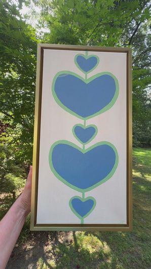 Blue and Green original heart painting on canvas. Vertical painting in a gold frame for colorful interiors.