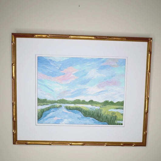 Abstract marsh wall art inspired by peaceful Southern coastal scenery with layered pastel brushstrokes.
