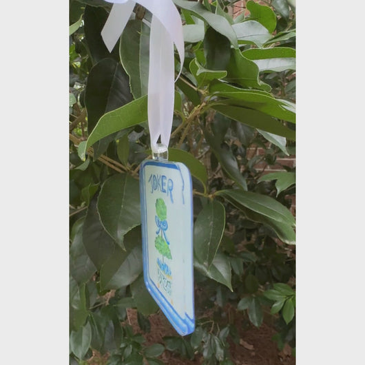 Beautiful mahjong Christmas ornament with blue and white details. Featuring a double topiary as the joker.   Gift idea for women and friends.