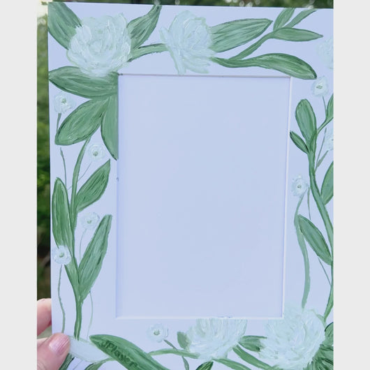 Elegant White Rose Mat with hand painted rose flowers  and buds.  This would make a great gift for a wedding or unique mat for photographs.