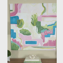 Load and play video in Gallery viewer, Large Colorful abstract art with pink, green, and white.
