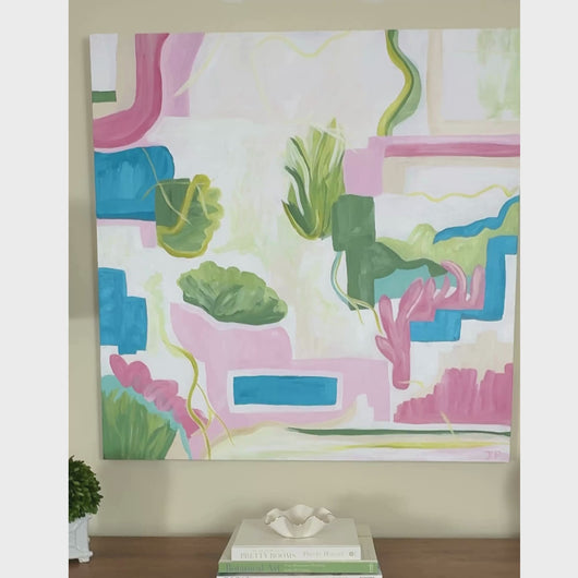 Large Colorful abstract art with pink, green, and white.