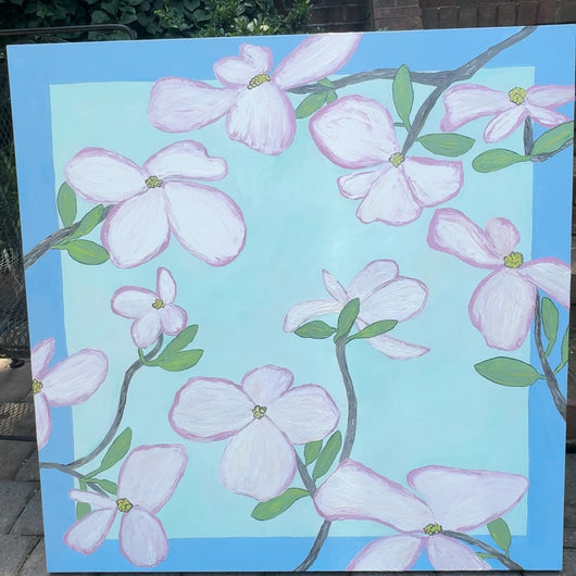Large abstract dogwood painting on canvas with shades of blue, aqua, pink, white, yellow and brown.