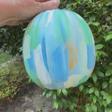 Load and play video in Gallery viewer, Colorful coastal inspired blue, green, white and gold pumpkin for indoor use.
