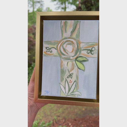 Small framed Christian cross painting designed for collected interiors and timeless faith inspired styling