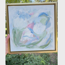 Load and play video in Gallery viewer, Modern abstract floral wall art with painterly pastel blooms in shades of blue, green, blush pink, and white for feminine interiors.
