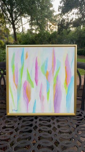 Signed original abstract acrylic painting by Jeanne Player Fine Art with colorful expressive brushwork. Preppy colorful dorm room decor featuring original abstract artwork with pink and blue summer-inspired colors