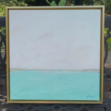 Load and play video in Gallery viewer, coastal abstract painting on canvas with shades of blue green white and gray.
