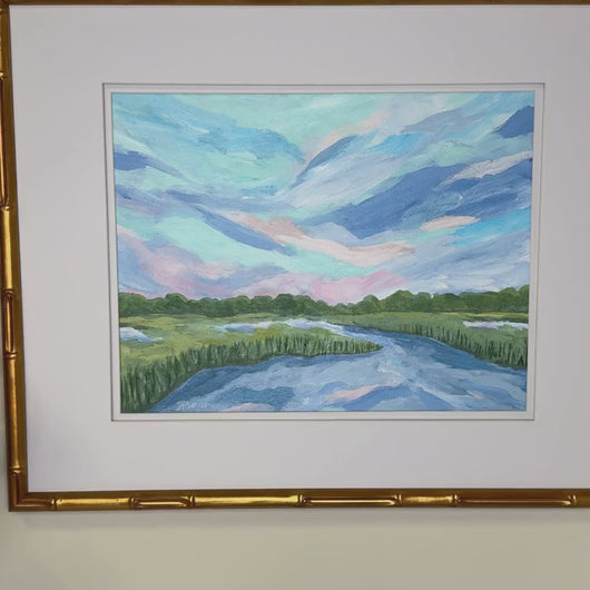 Abstract coastal marsh artwork with expressive brushstrokes and calming pastel color palette.