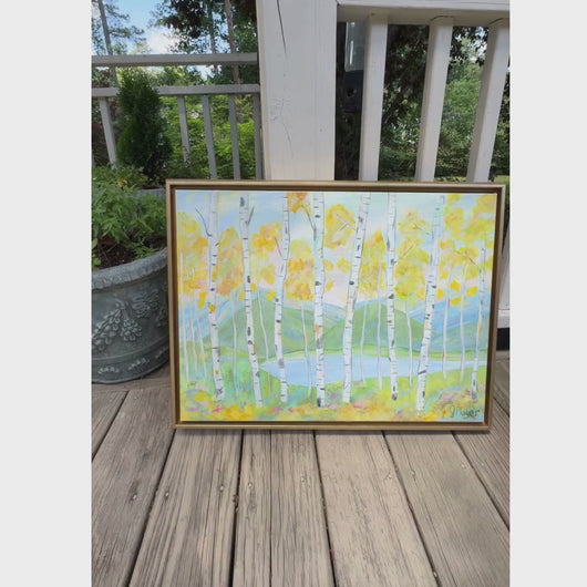 Contemporary mountain landscape artwork inspired by Park City Utah with birch trees and soft lake scenery