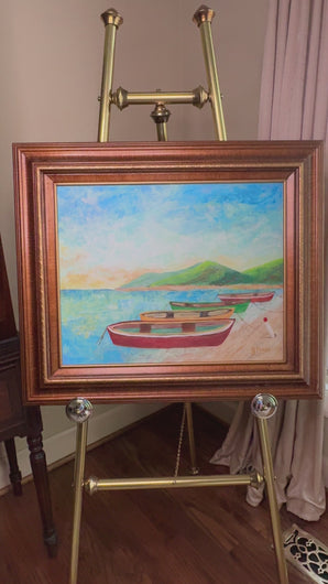 Island Time framed coastal artwork for living room decor featuring vibrant tropical boats and peaceful island-inspired scenery.